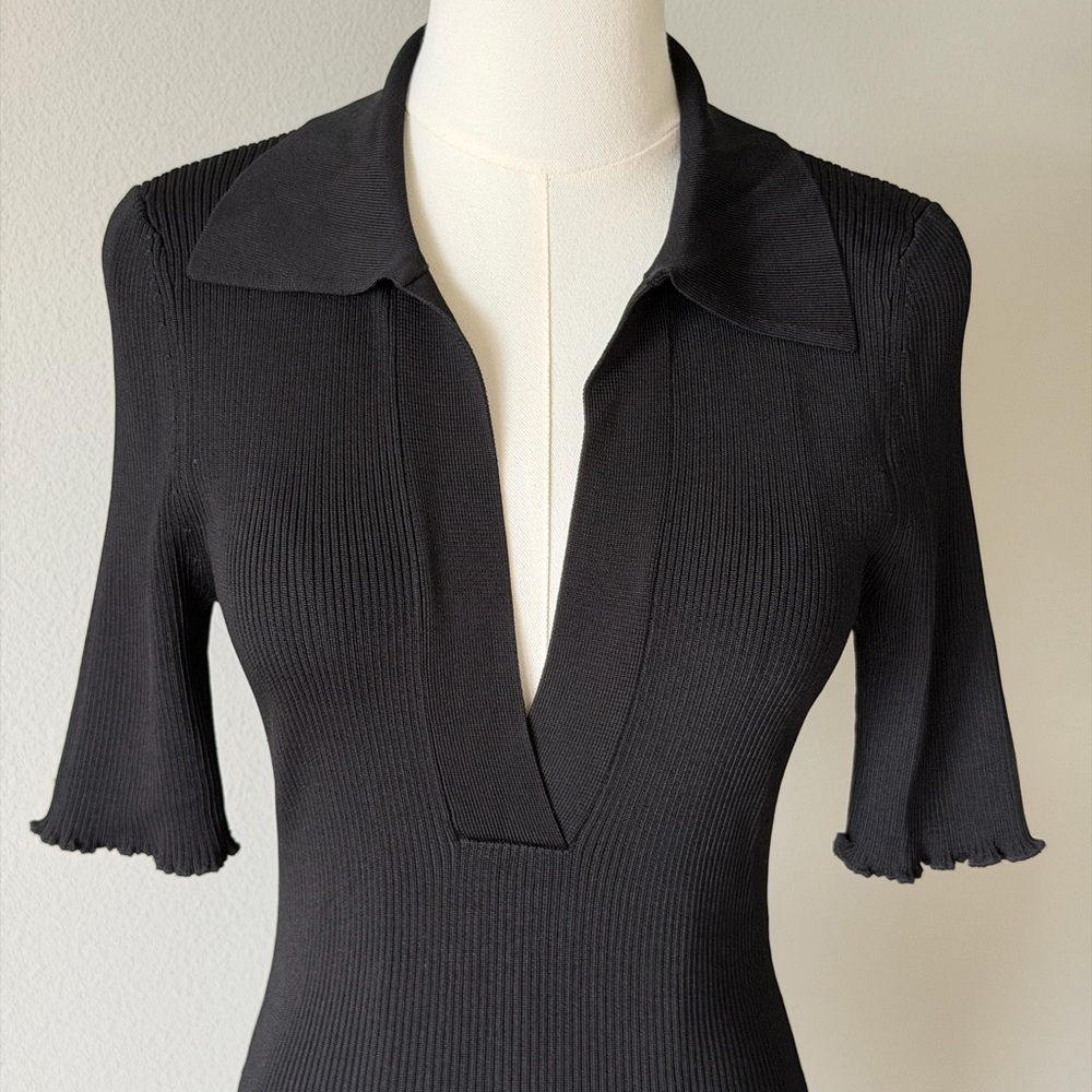 Good American Black Ribbed Knit Polo Midi Short Sleeve Dress - 2 - Picture 3 of 12